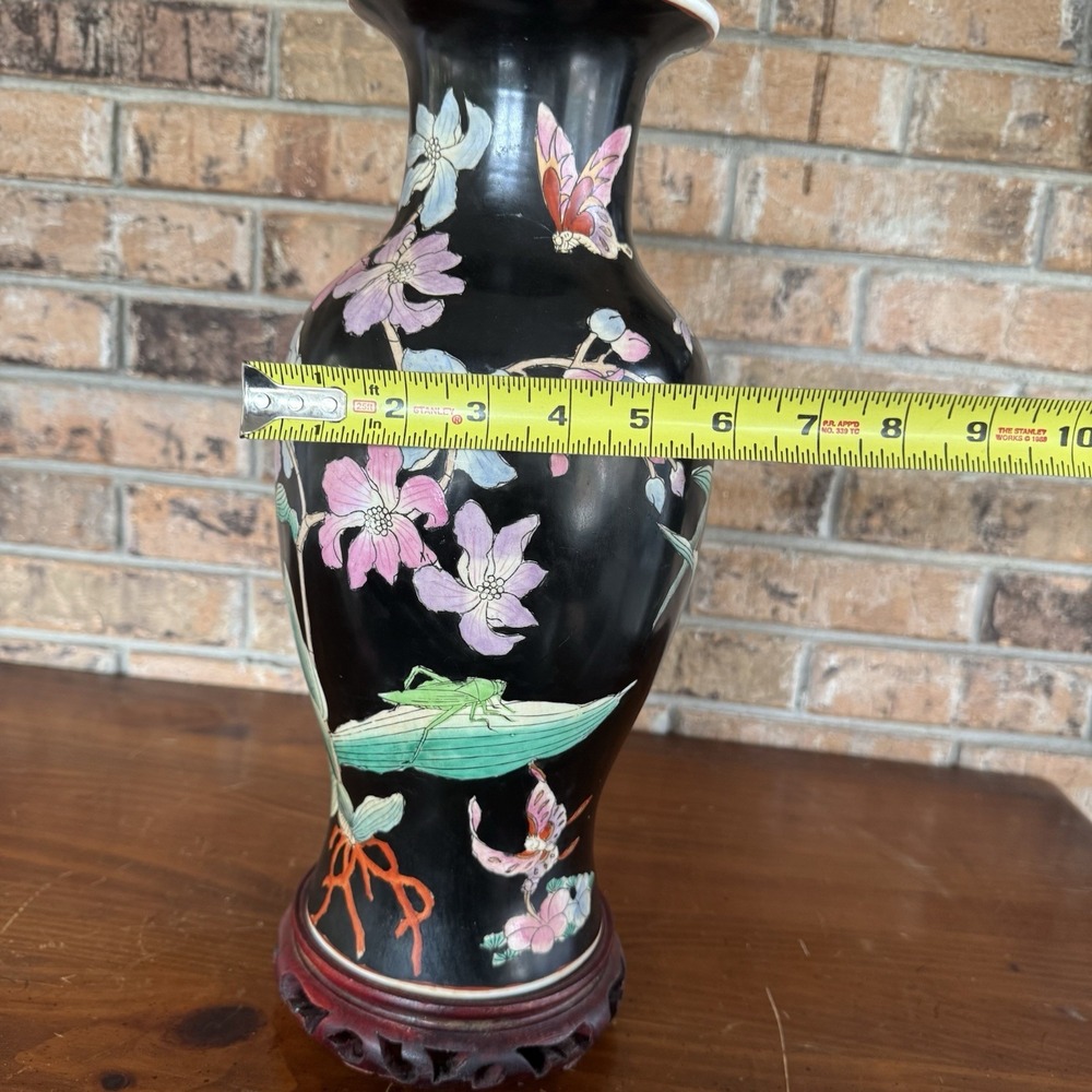 Vintage Famille Noire Style Asian Water Lily Black Floral Porcelain Brass Lamp - Picture 15 of 15